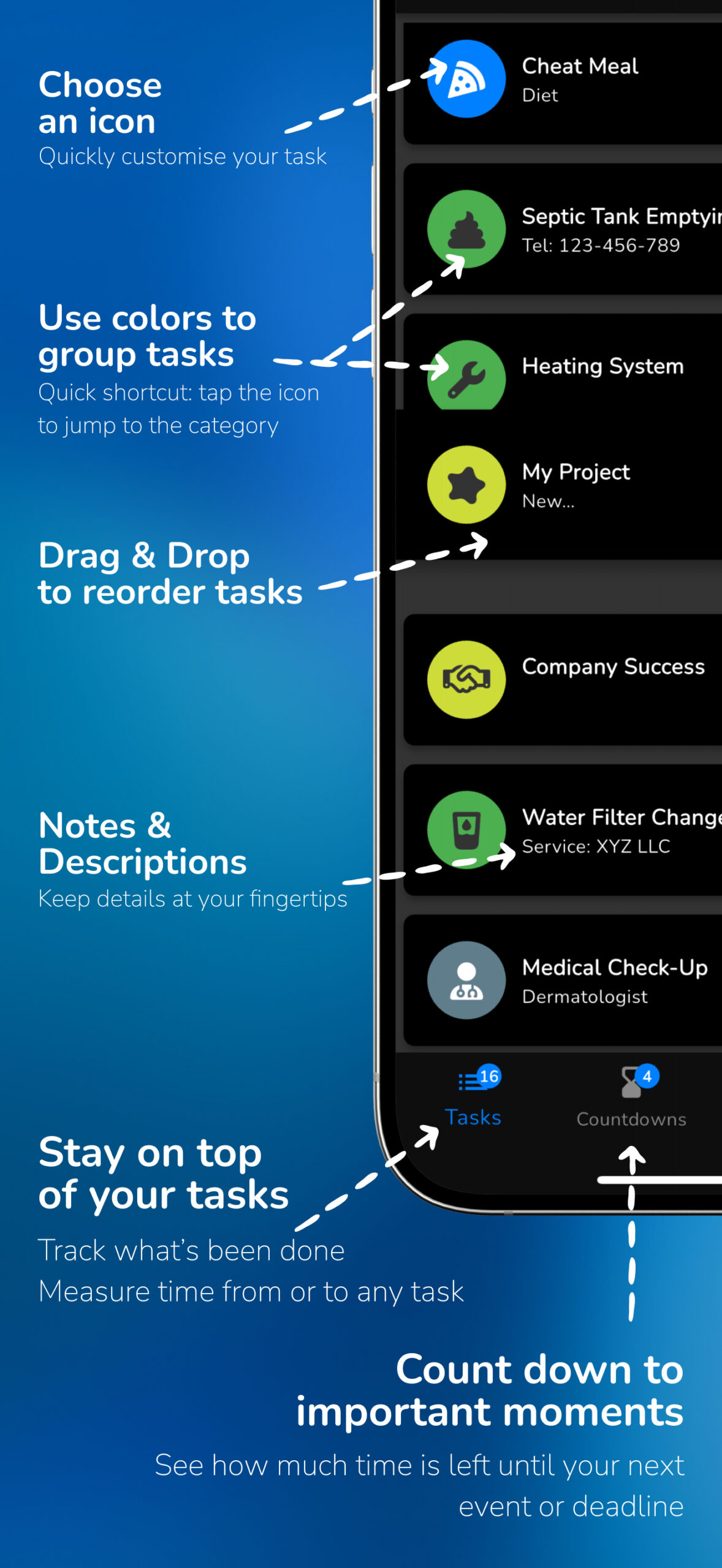 SinceNow app — track days since events, choose icons, set reminders