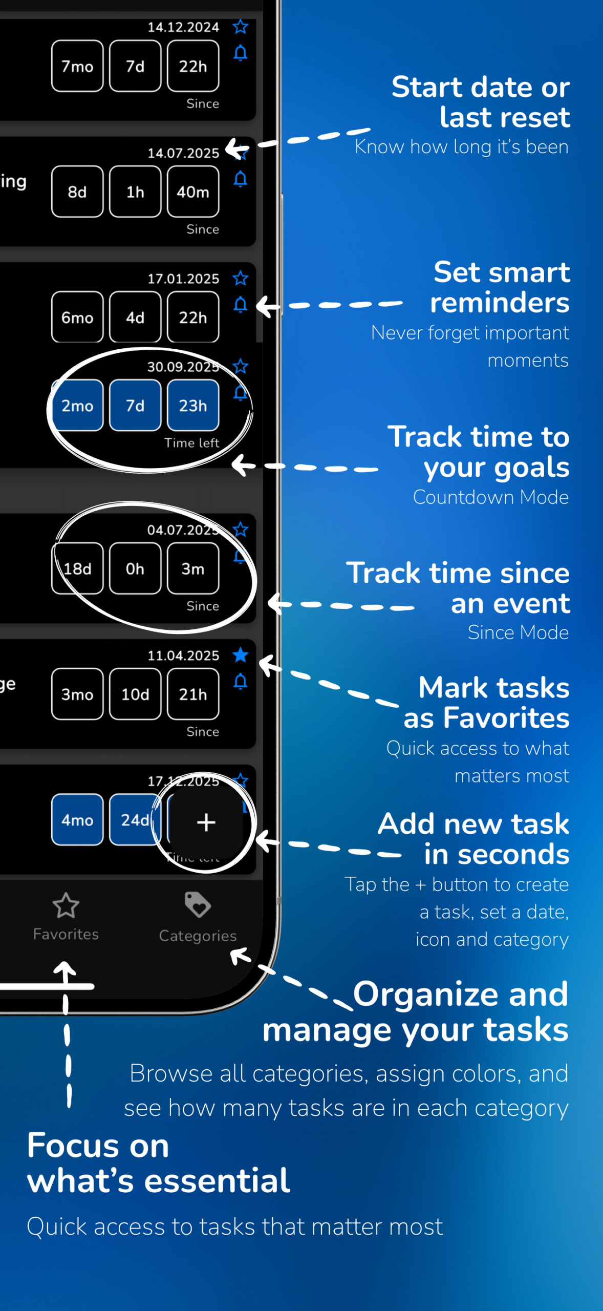 SinceNow app — countdown mode, favorites, categories, add new task