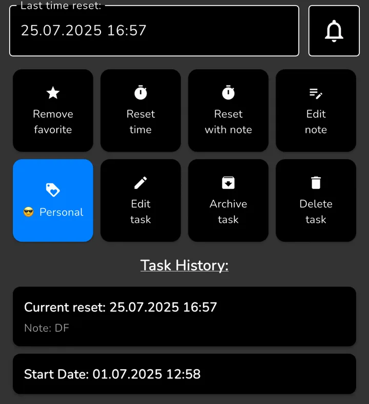 SinceNow task screen with Reset with note and the task history